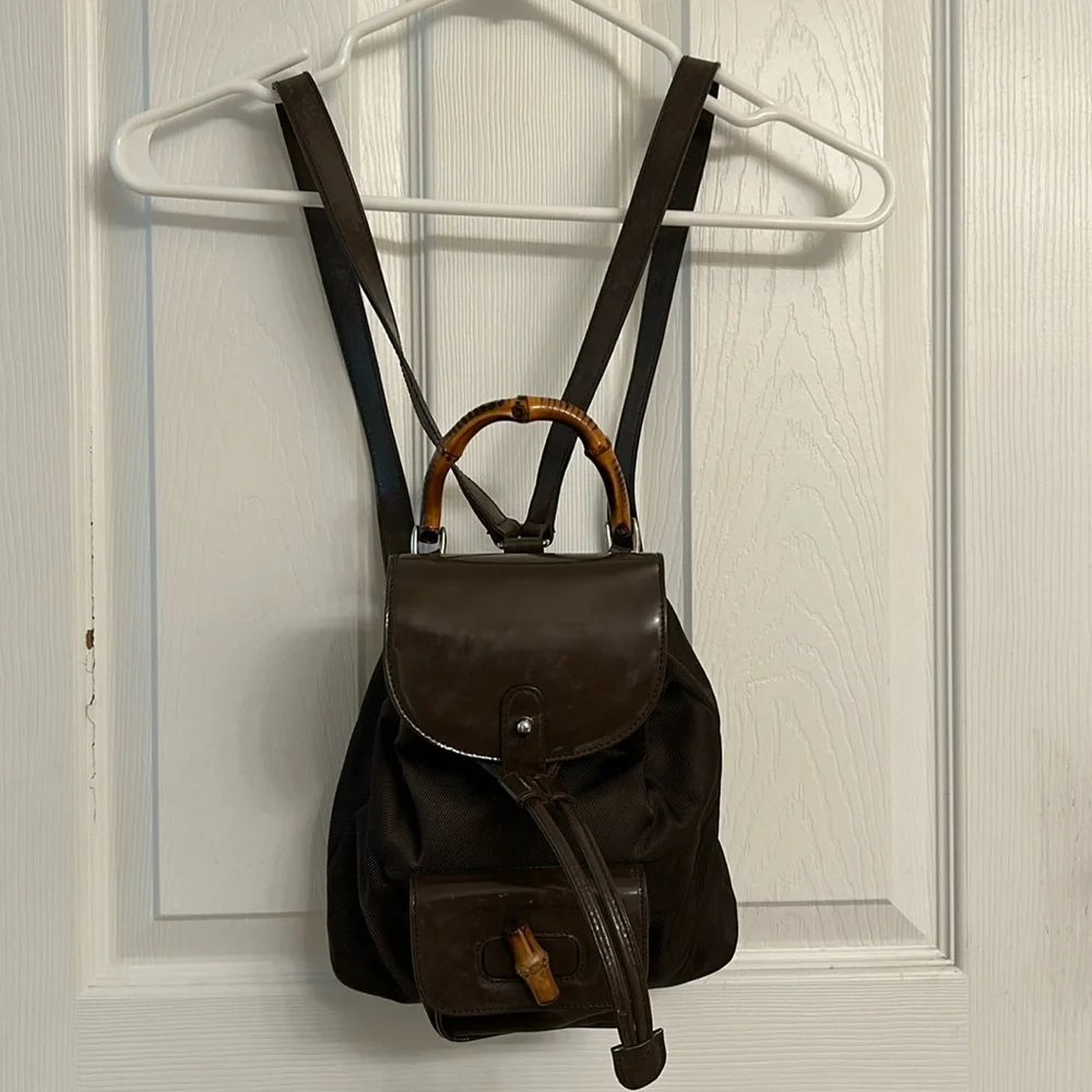 Vintage Gucci Brown Backpack Bamboo Handle Nylon Leather Adjustable Straps
